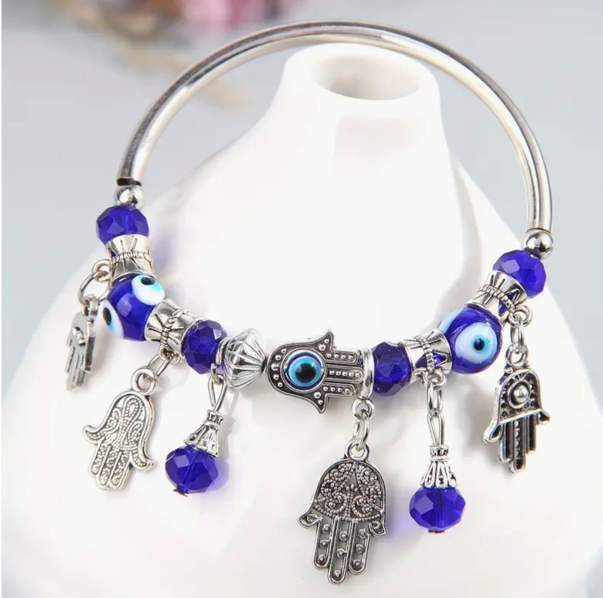 Vintage Boho Charm Bracelet Blue Eye Hamsa Hand Crystal Bead Accents