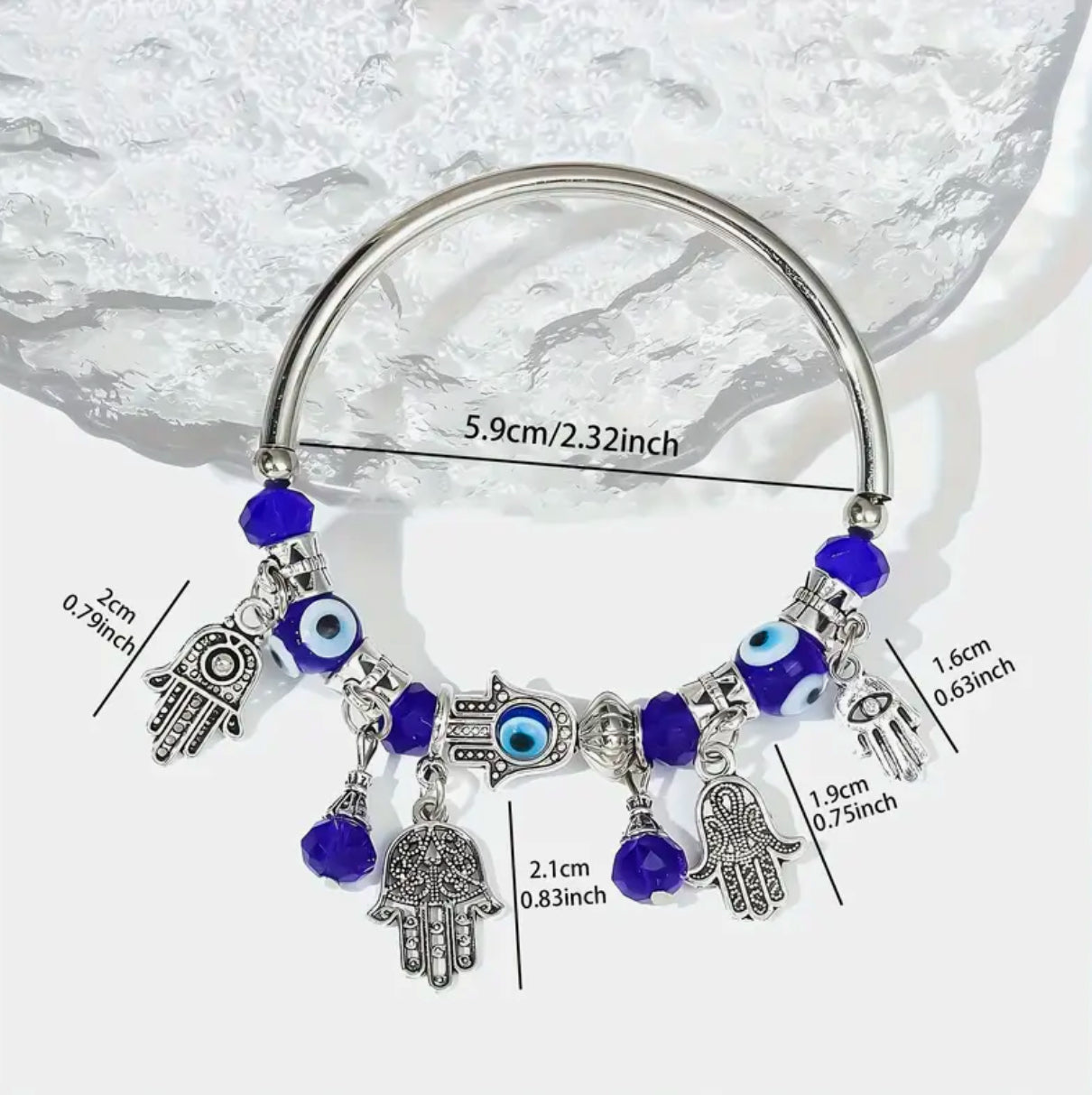 Vintage Boho Charm Bracelet Blue Eye Hamsa Hand Crystal Bead Accents