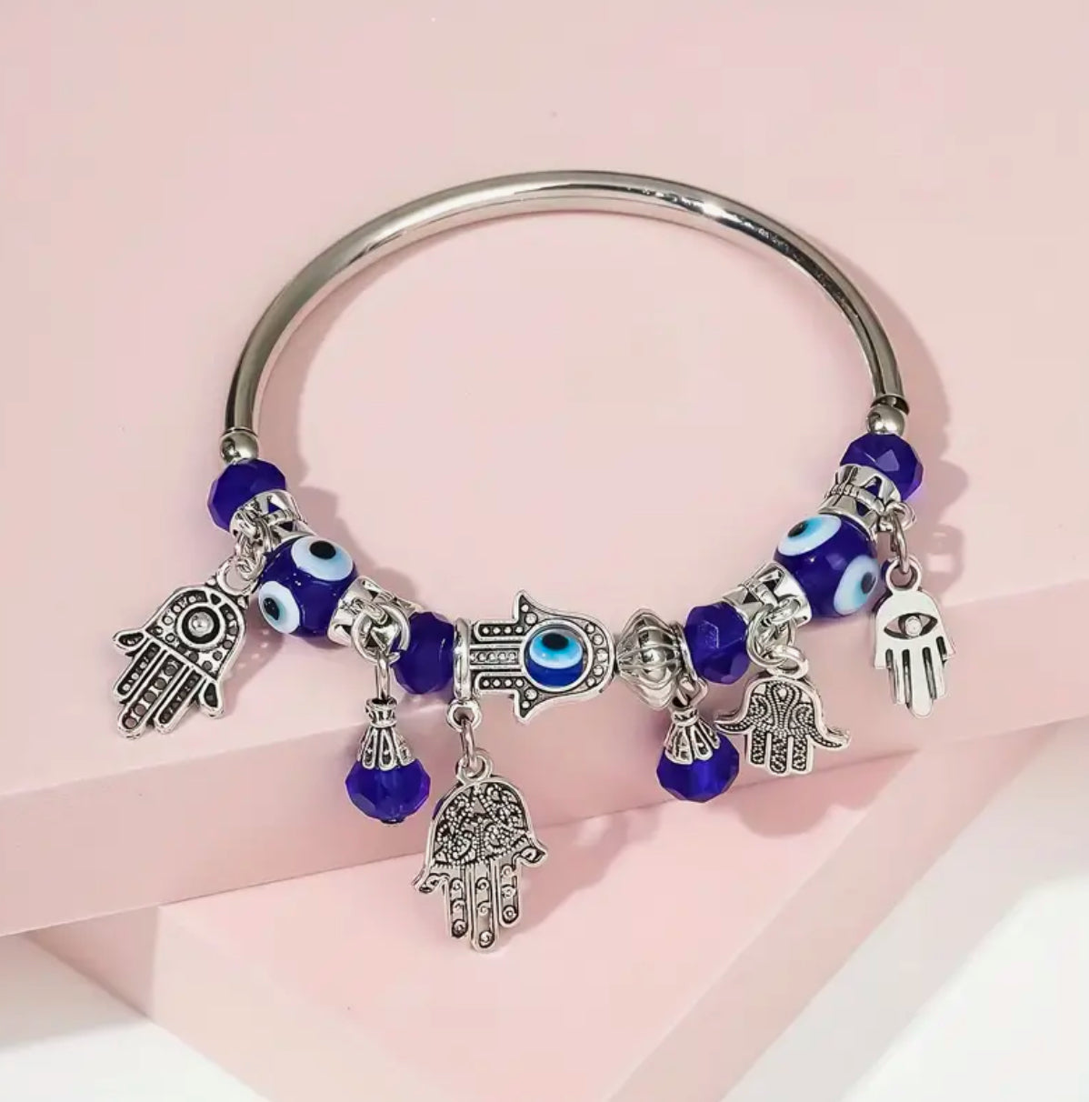 Vintage Boho Charm Bracelet Blue Eye Hamsa Hand Crystal Bead Accents