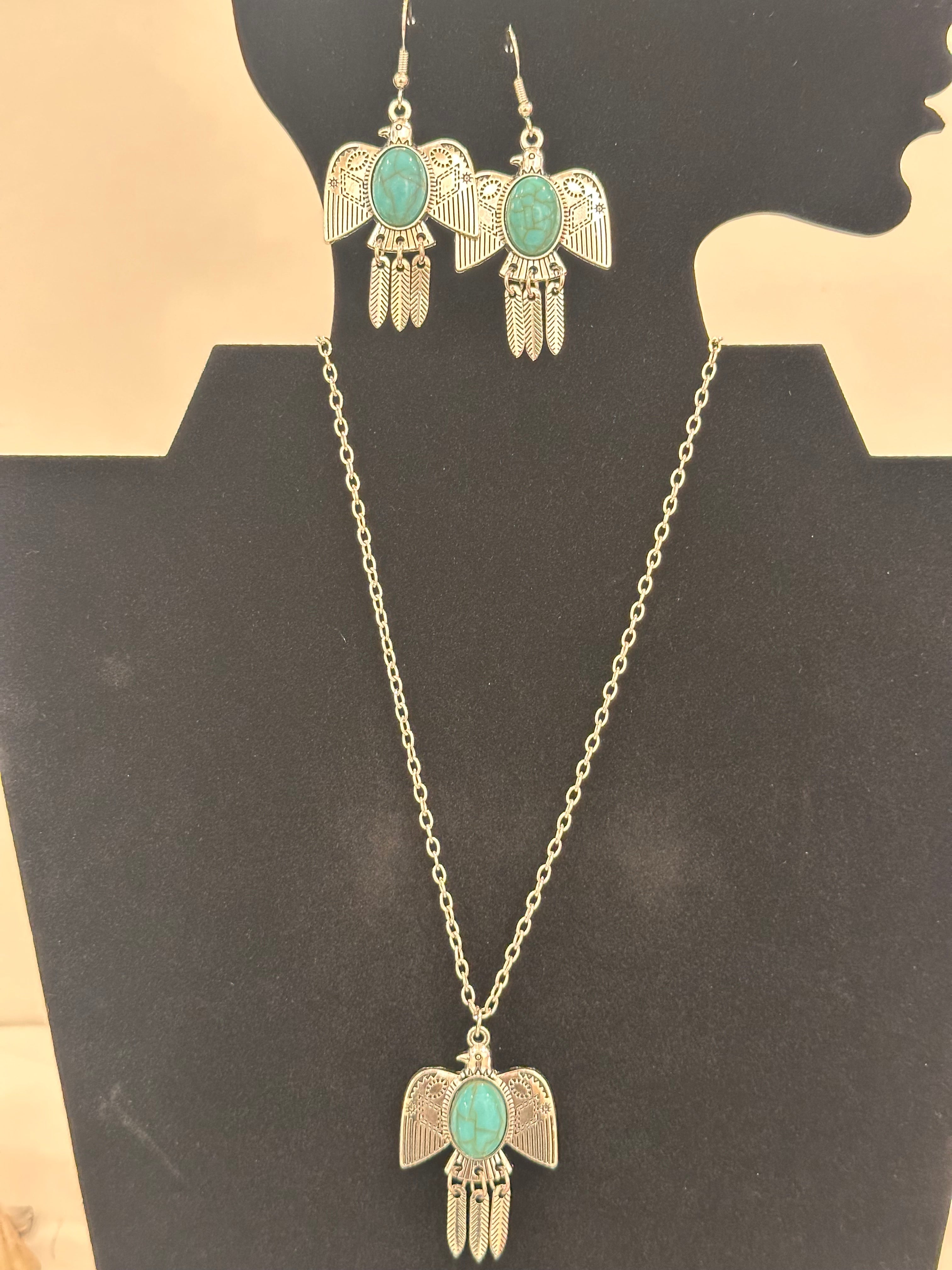 Stainless Steel Turquoise Earring and Pendant Necklace Set!