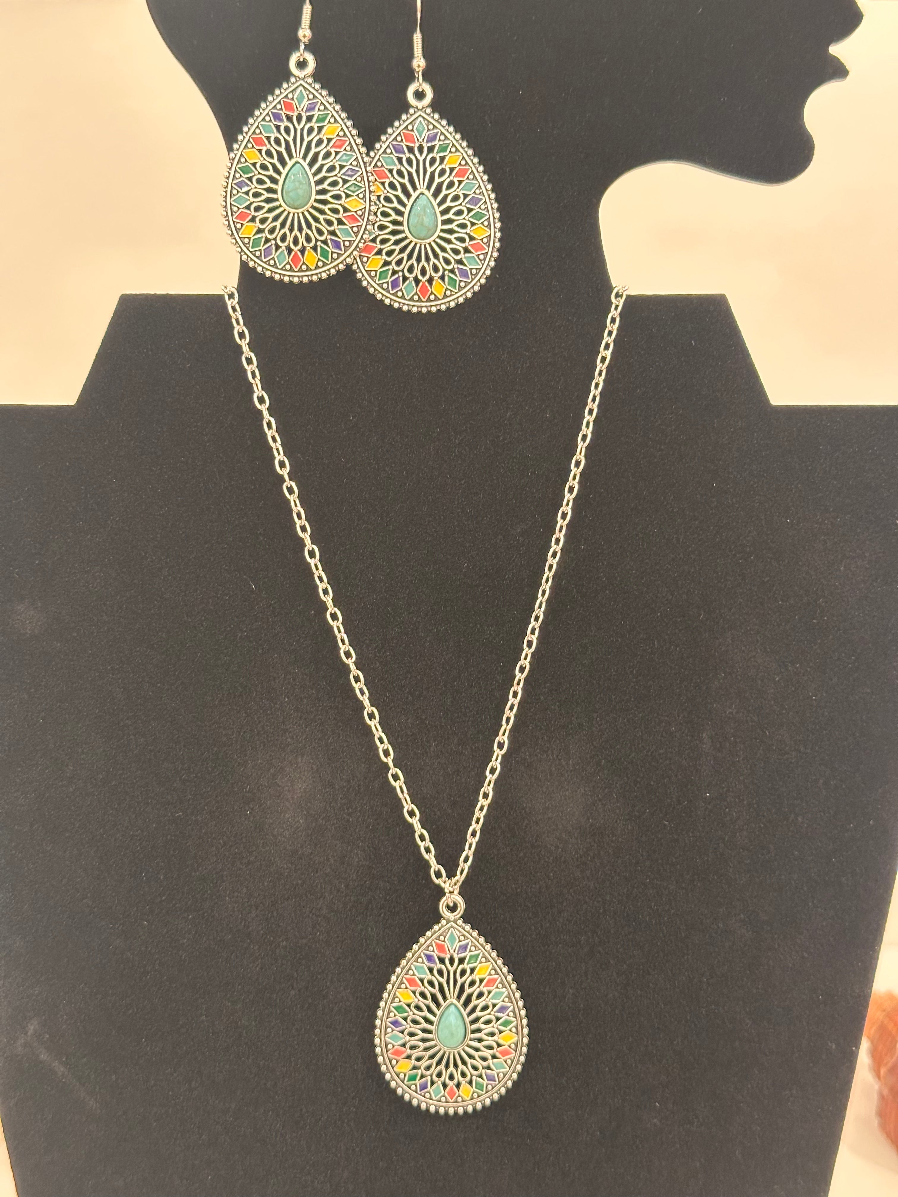 Stainless Steel Turquoise Earring and Pendant Necklace Set!