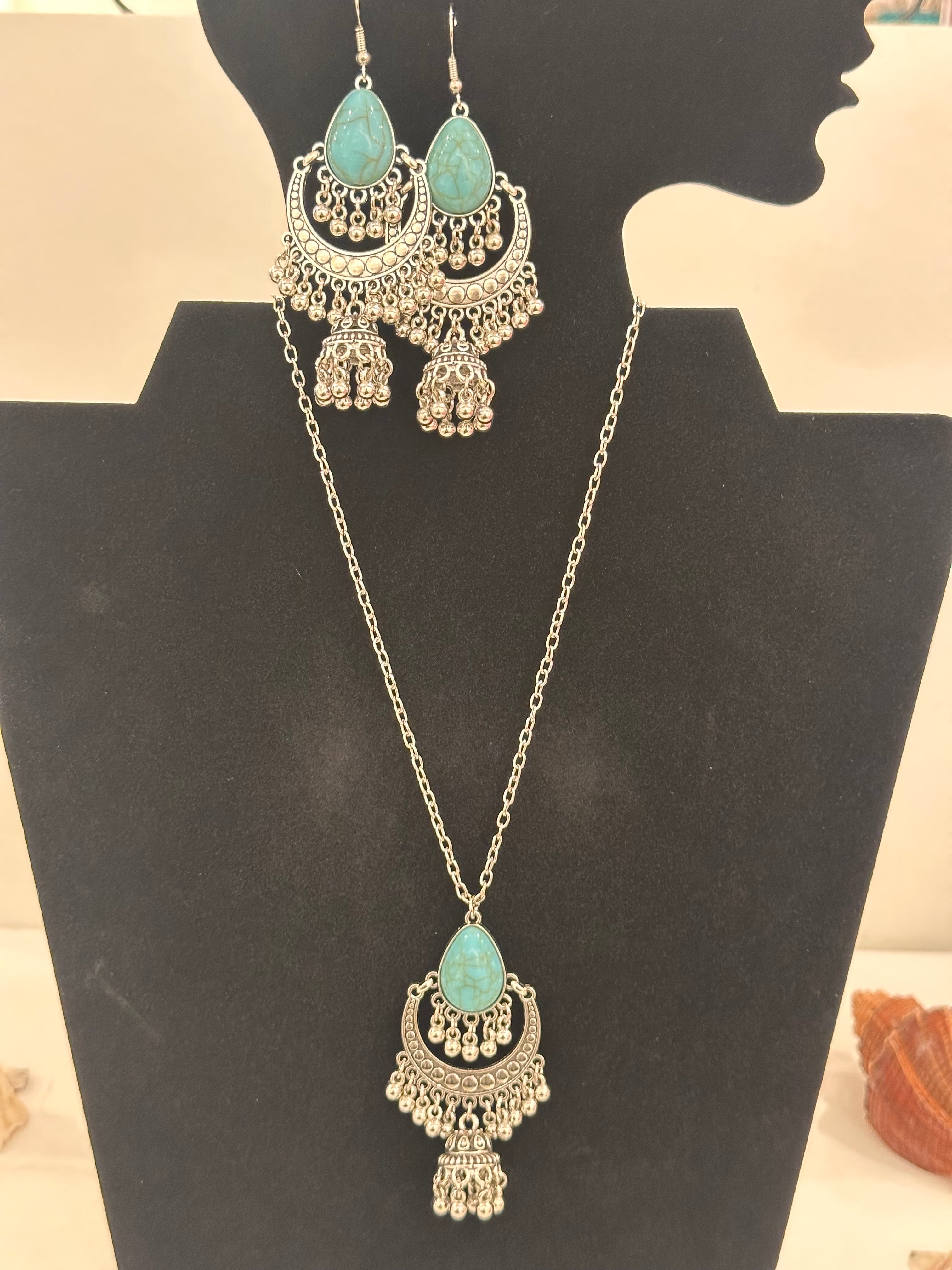 Stainless Steel Turquoise Earring and Pendant Necklace Set!