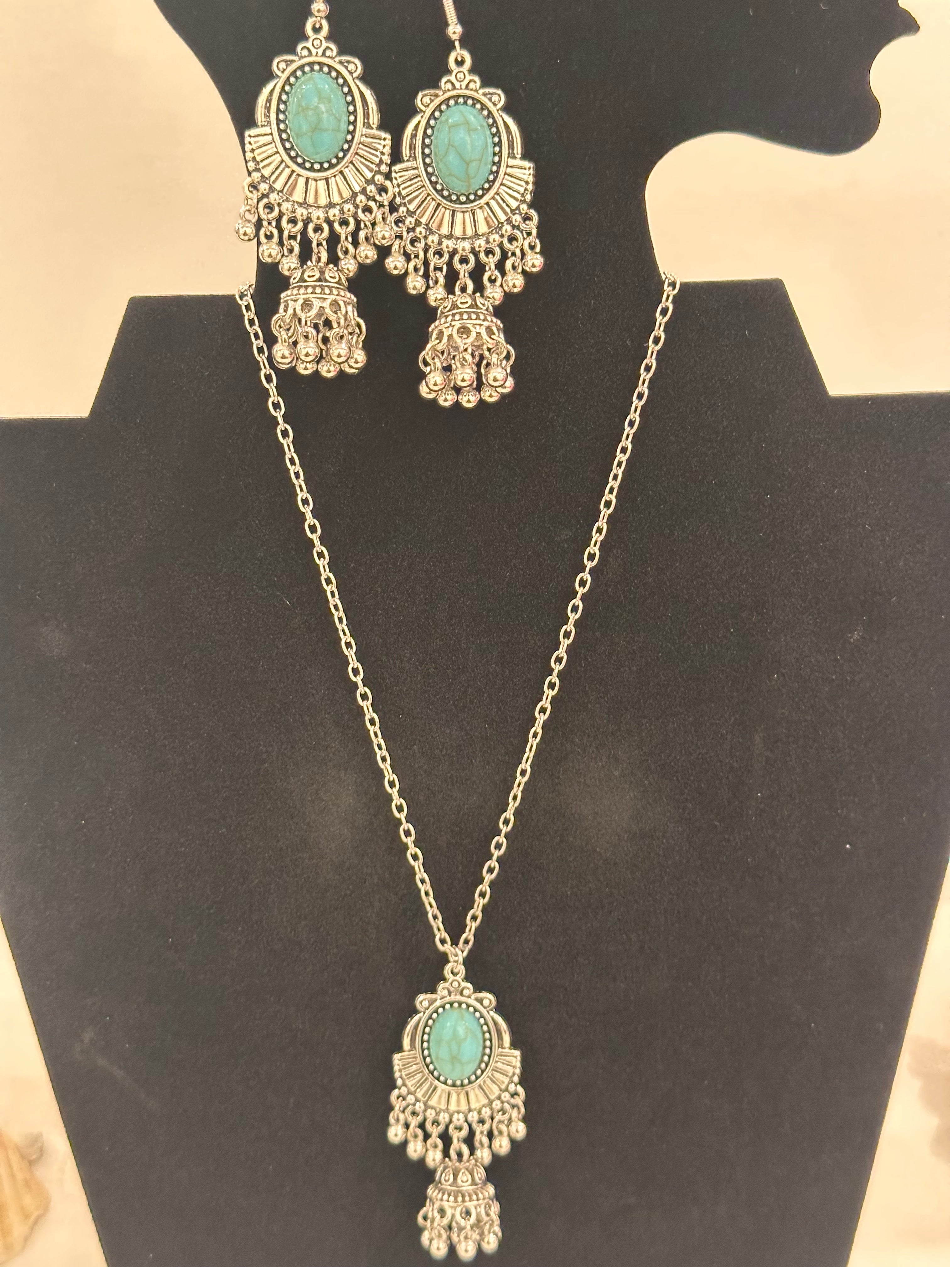 Stainless Steel Turquoise Earring and Pendant Necklace Set!