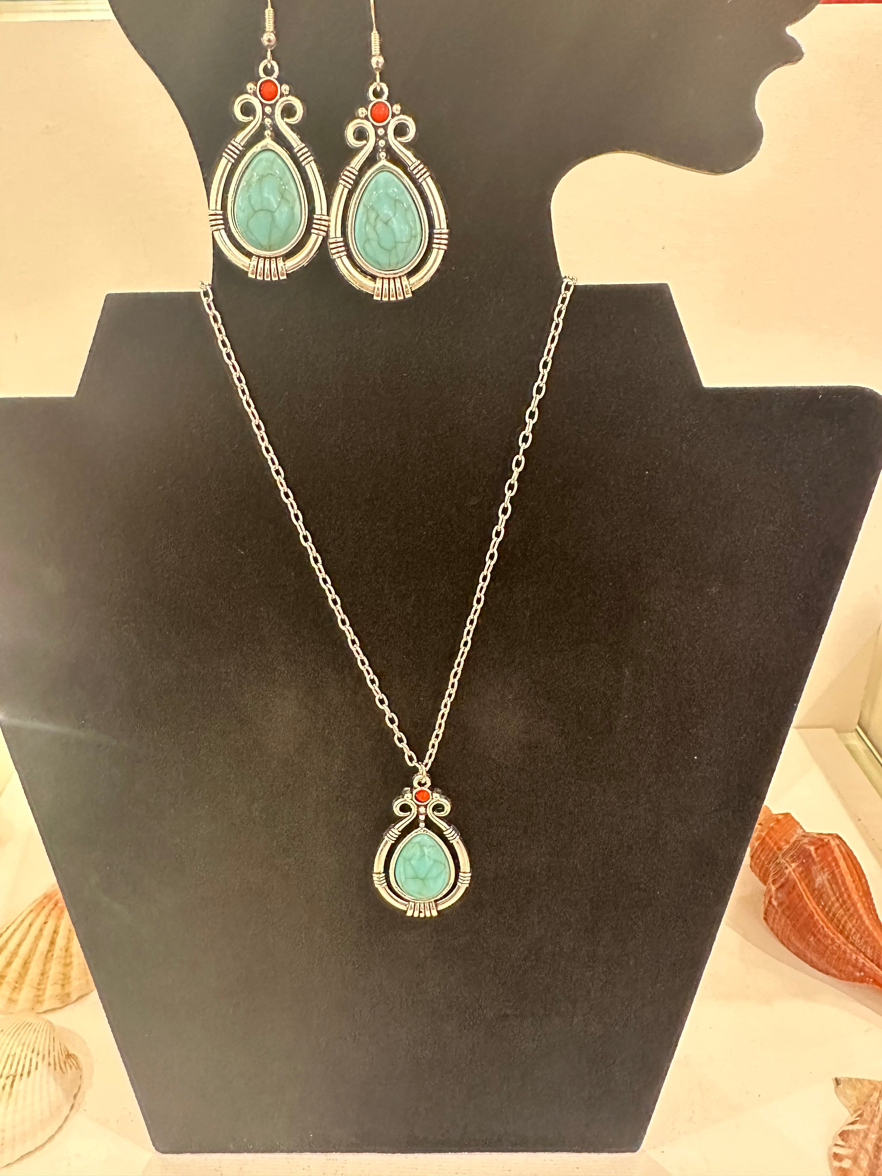 Stainless Steel Turquoise Earring and Pendant Necklace Set!