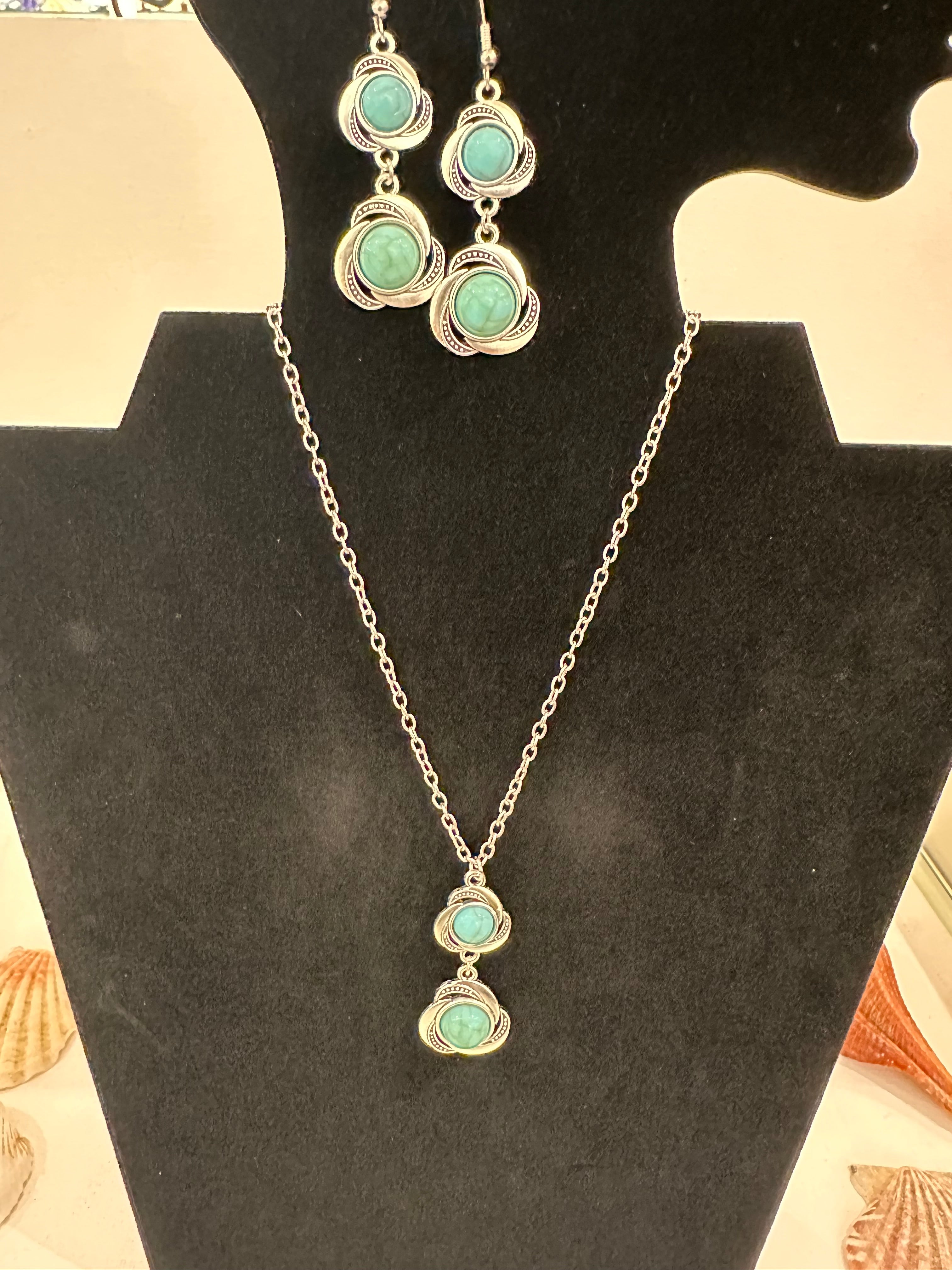 Stainless Steel Turquoise Earring and Pendant Necklace Set!