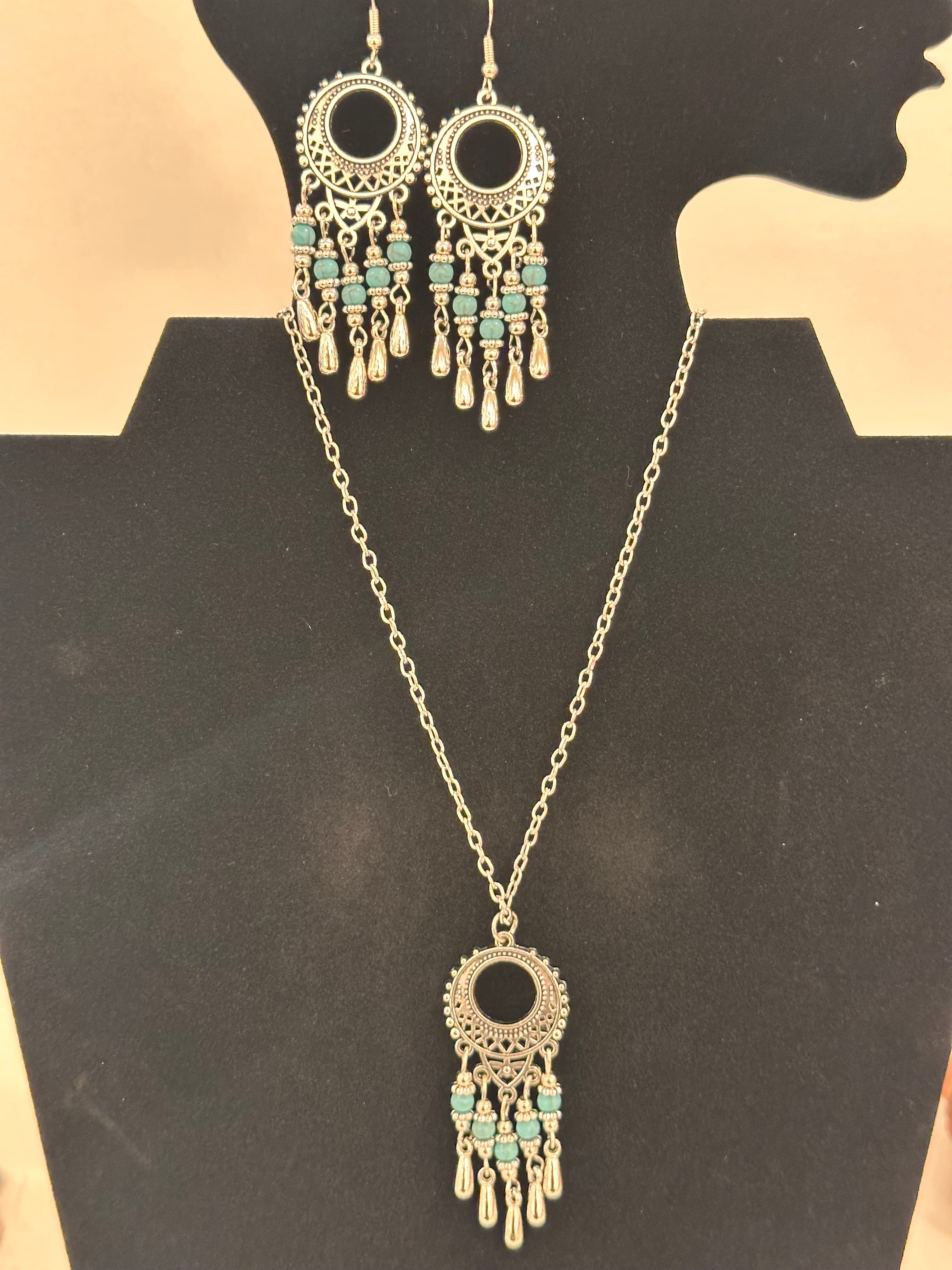 Stainless Steel Turquoise Earring and Pendant Necklace Set!