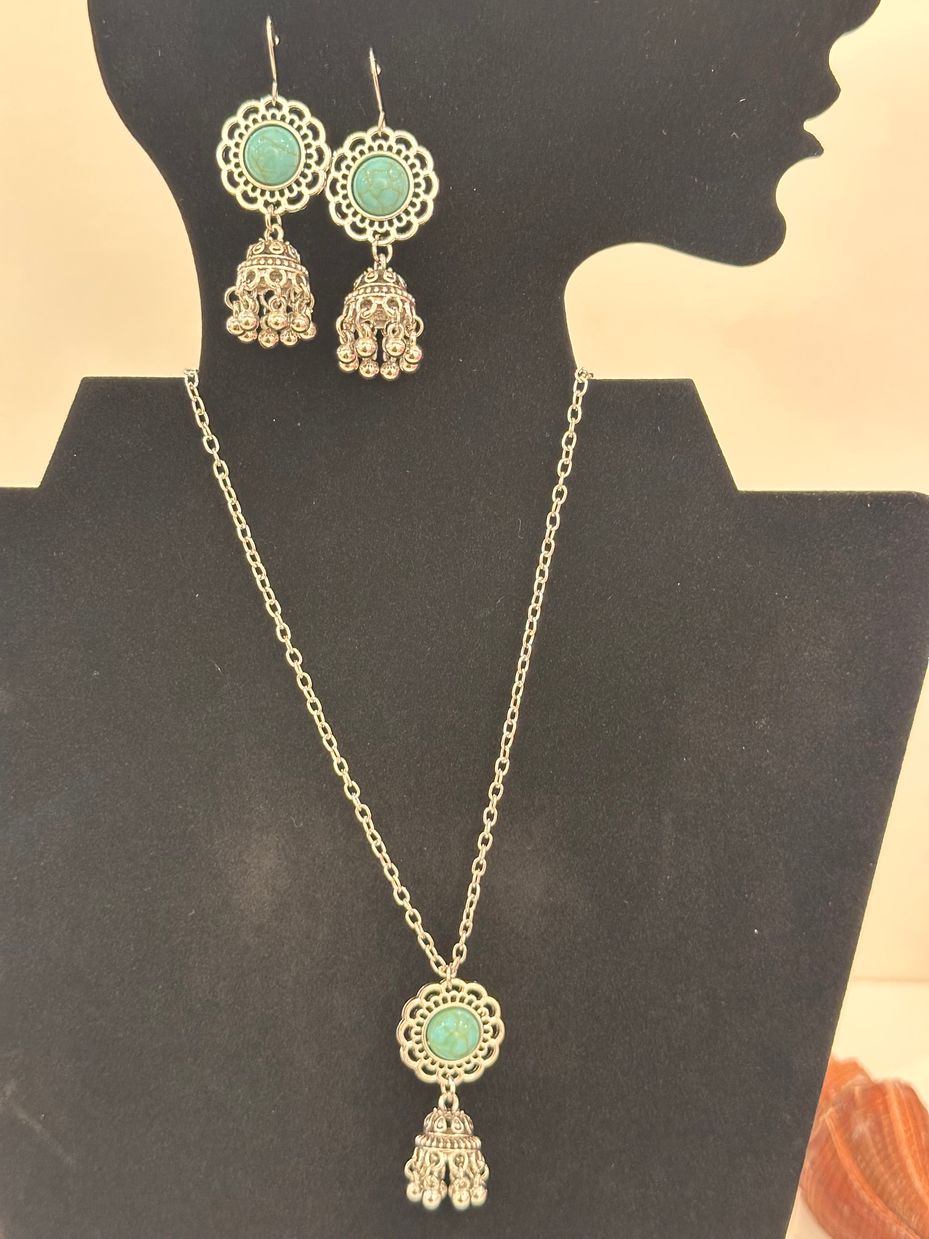 Stainless Steel Turquoise Earring and Pendant Necklace Set!