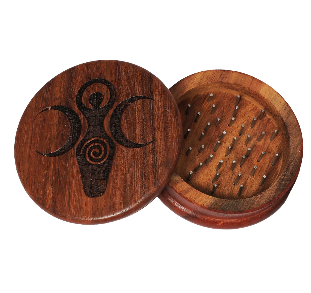 Wood Herb Grinder Triple Moon Goddess 3"