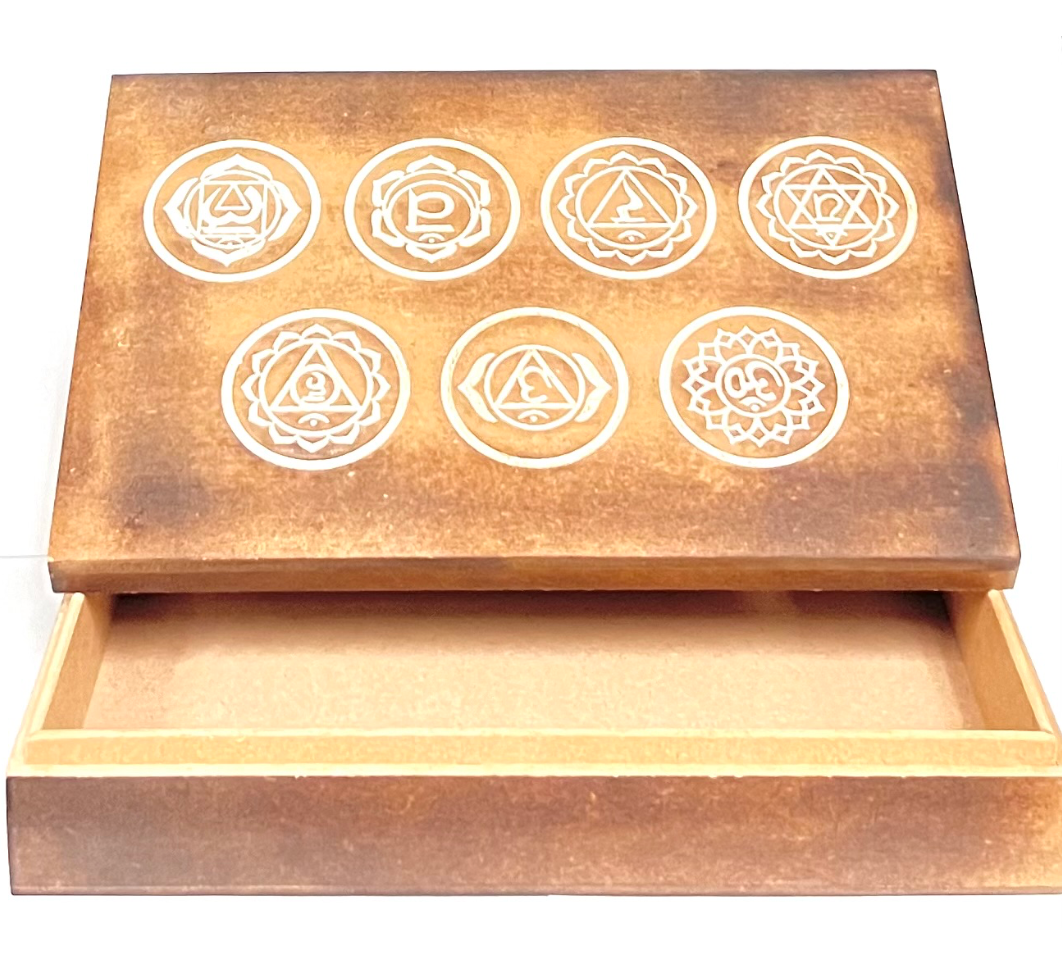 7 Chakra Carved Wood Box 12"x8"