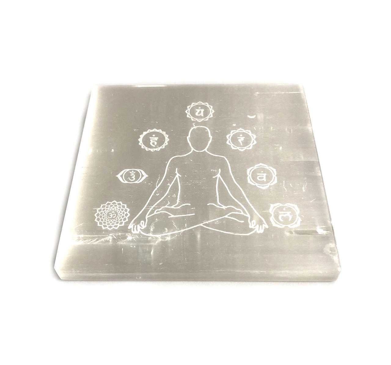 Selenite Square Plate Engraved 7 Chakra approx. 3"