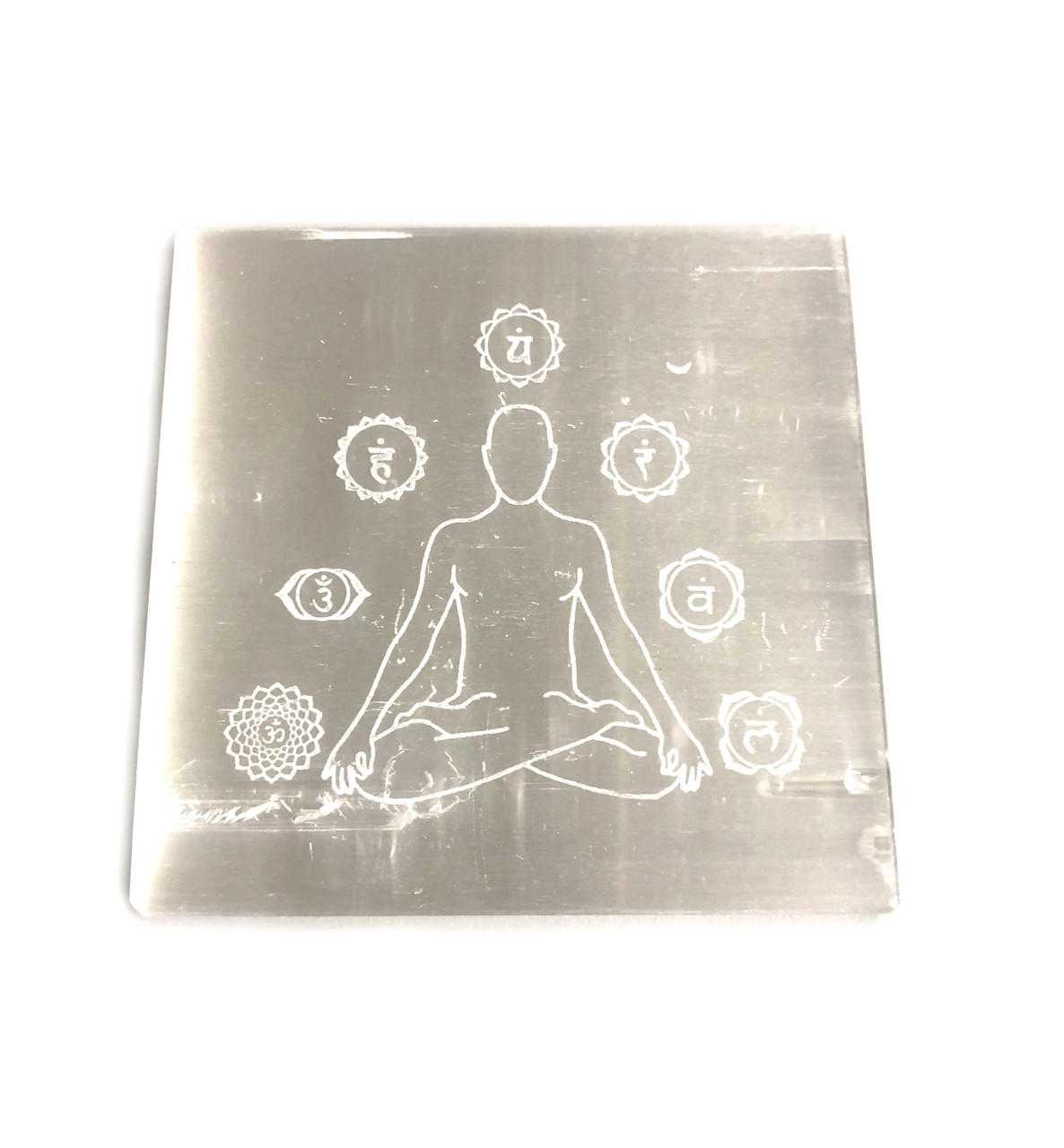 Selenite Square Plate Engraved 7 Chakra approx. 3"