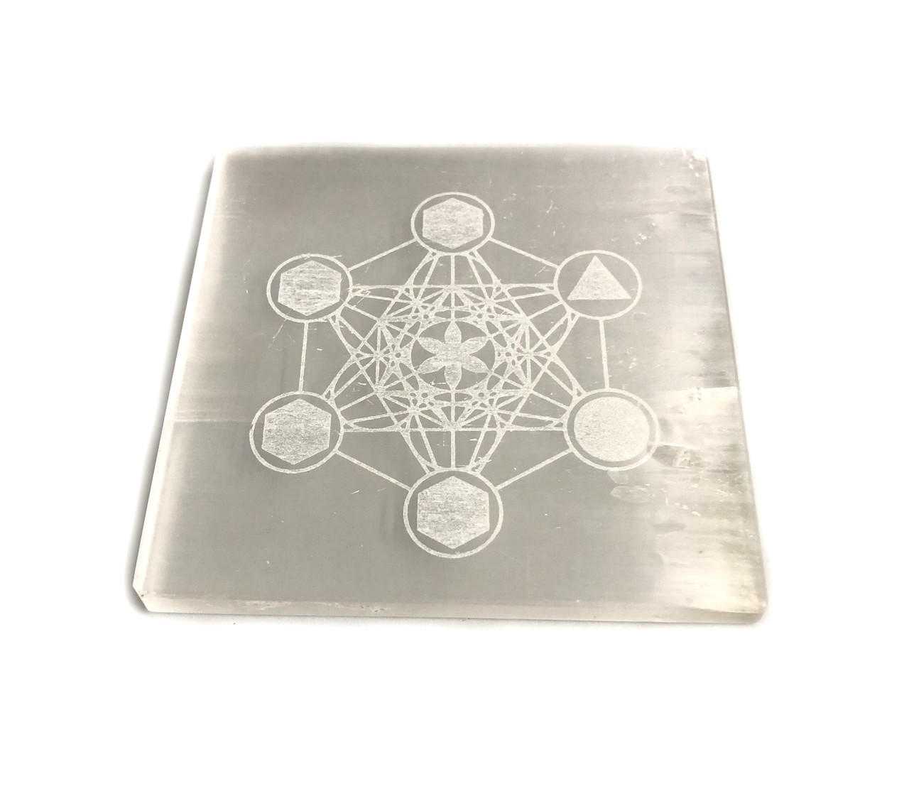 Selenite Square Plate Engraved Metatron approx. 3"