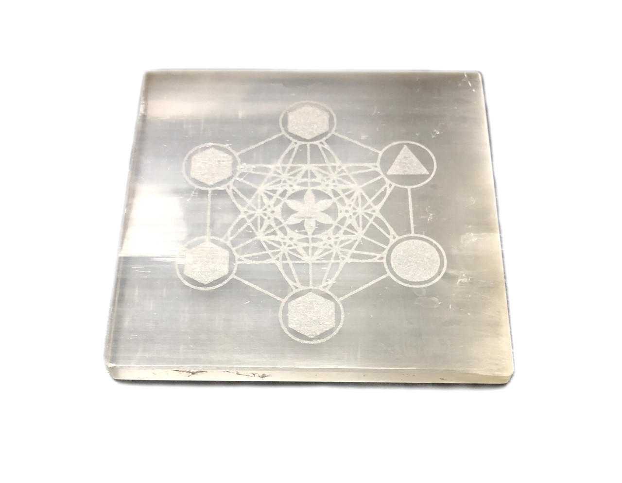 Selenite Square Plate Engraved Metatron approx. 3"