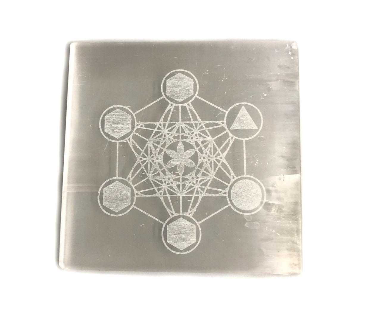 Selenite Square Plate Engraved Metatron approx. 3"