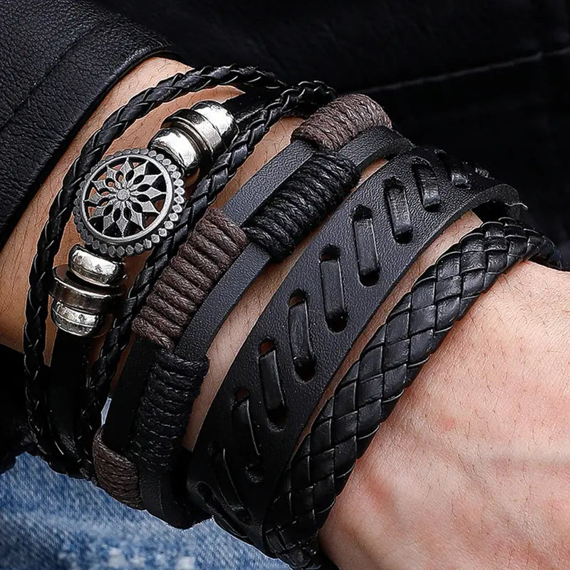 4pcs Men's Vintage Leather Woven Handmade Bracelet