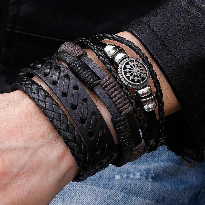 4pcs Men's Vintage Leather Woven Handmade Bracelet