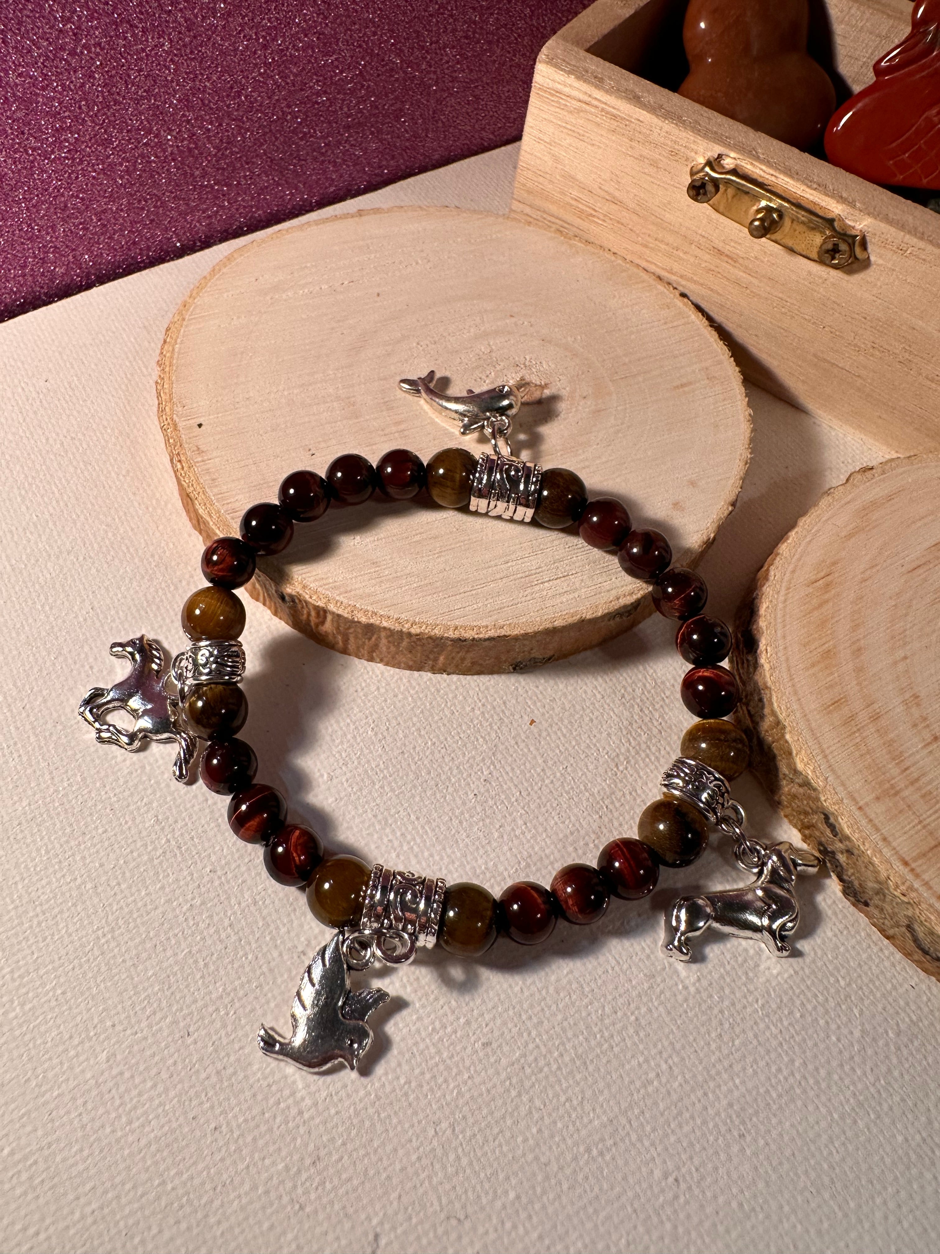 Red & Brown Tigers Eye Charm Strength Bracelet Healing Stones Energy Stones